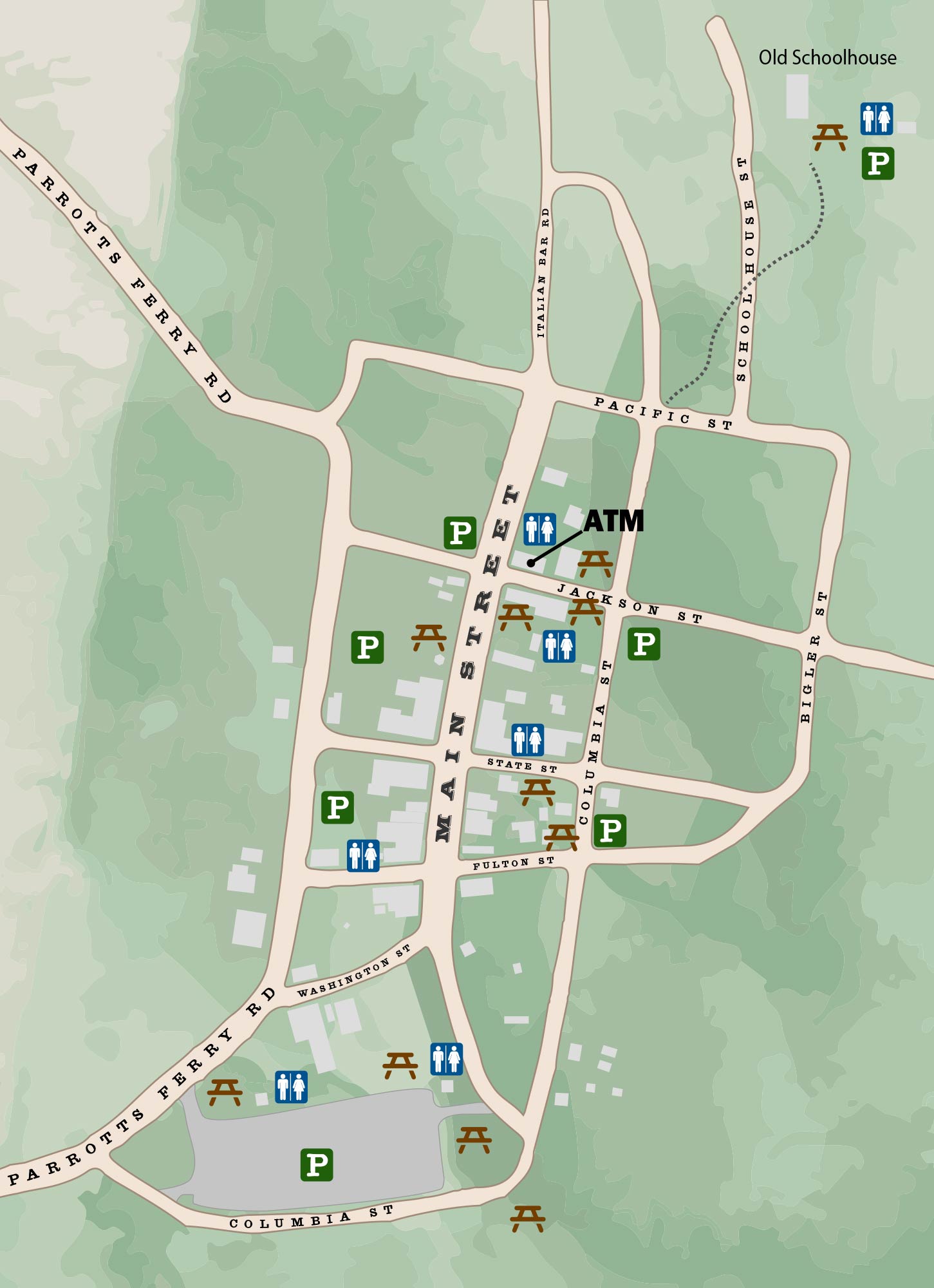 Columbia map showing locations for parking, restrooms, and picnic areas.